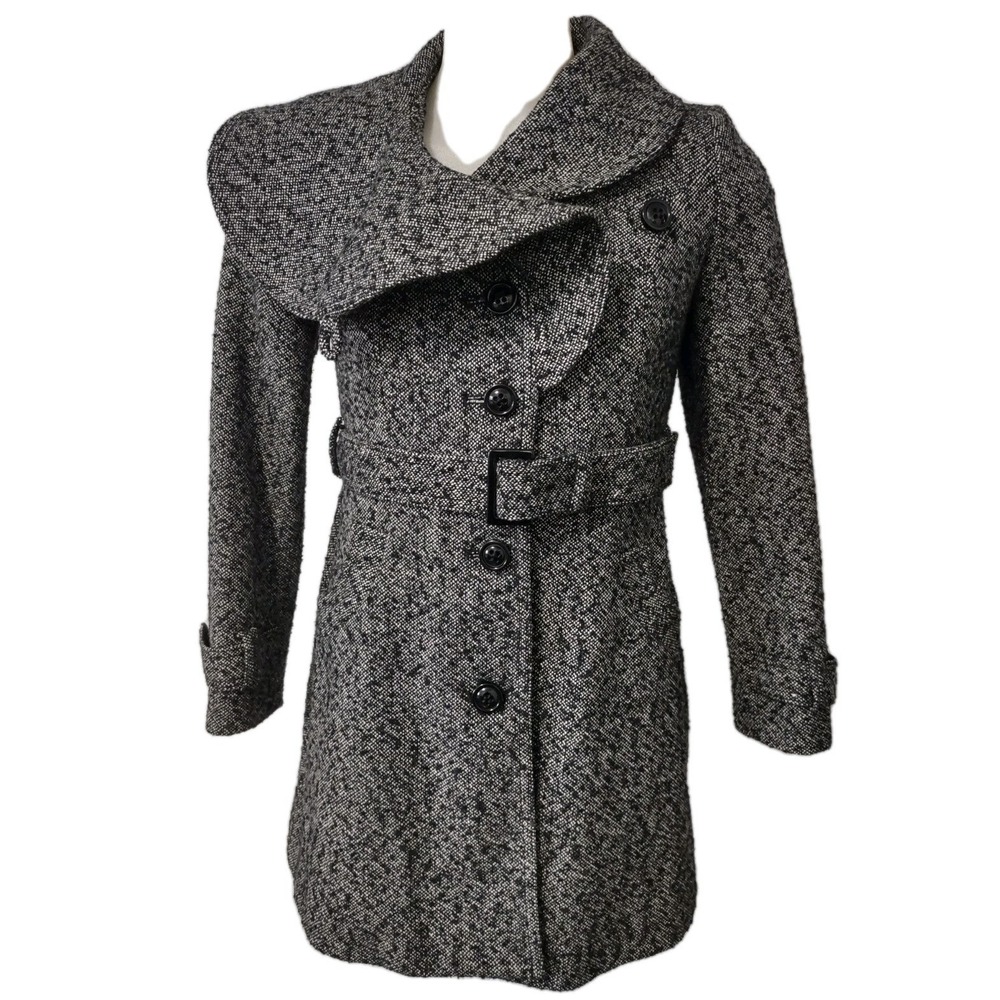Esprit Coat Medium Womens Cabin Core Black White Tweed Wool Blend Belted Edgy